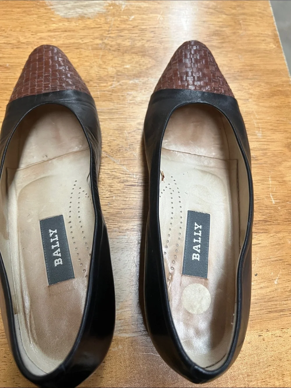 Bally Black Leather Flats with Brown Woven Toe